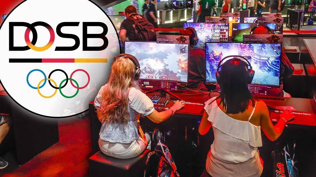 DOSB logo with the Olympic rings next to two players at gaming PCs